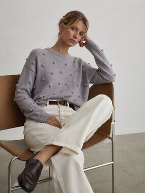 Madewell Pom Pom Sweater Merino Wool Blend Gray Crewneck Pullover Medium M